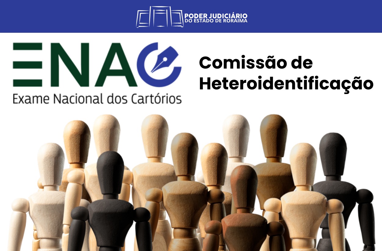 Foto colorida contendo bonecos de madeira diversos, com diferentes cores e tamanhos, ilustrando pessoas. Na foto também tem os textos: Poder Judiciário do Estado de Roraima; Exame Nacional dos Cartórios e Comissão de Hetero Identificação
