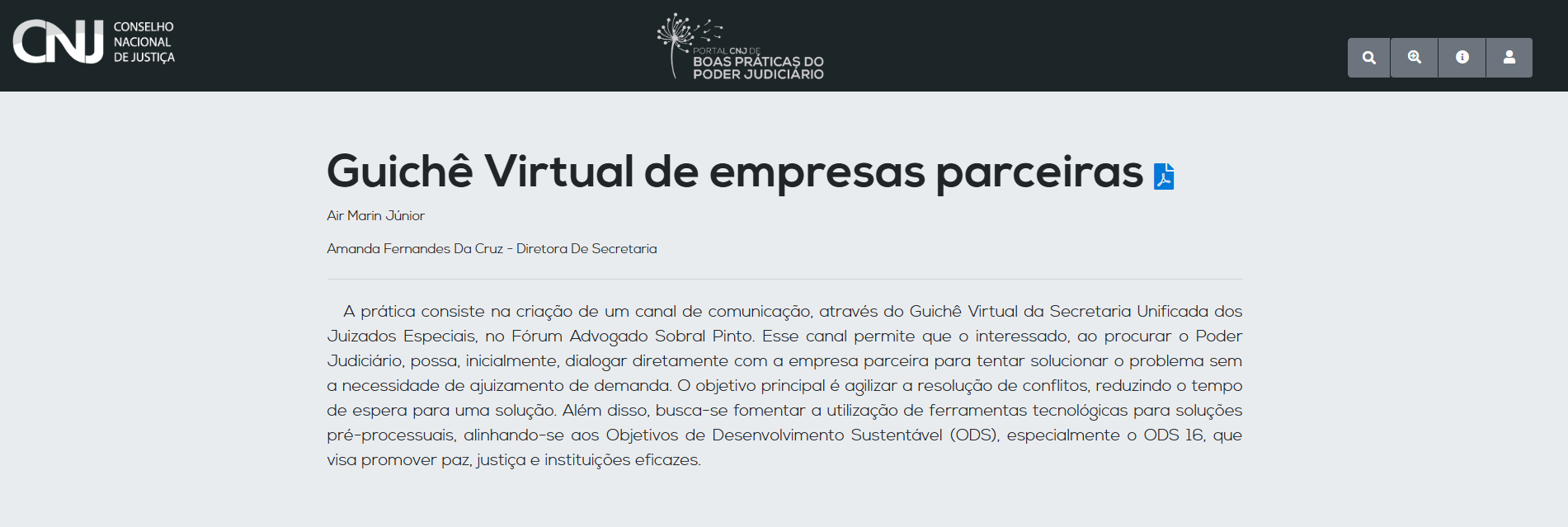 A imagem é uma captura de tela de uma página da web pertencente ao Conselho Nacional de Justiça (CNJ), sob a seção de "Boas Práticas do Poder Judiciário". O título principal da página é "Guichê Virtual de empresas parceiras", escrito em letras grandes e azuis, acompanhado de um ícone de acessibilidade. A imagem é uma captura de tela de uma página da web pertencente ao Conselho Nacional de Justiça (CNJ), sob a seção de "Boas Práticas do Poder Judiciário". O título principal da página é "Guichê Virtual de empresas parceiras", escrito em letras grandes e azuis, acompanhado de um ícone de acessibilidade.