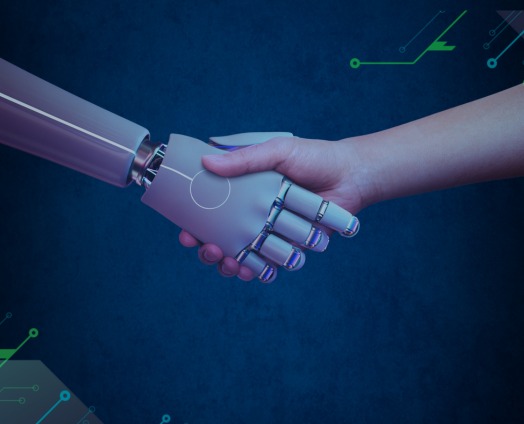 A imagem retrata simbolicamente a parceria entre humanos e tecnologia, mostrando um aperto de mãos entre uma mão humana e uma robótica. Com fundo escuro e elementos gráficos que lembram circuitos, transmite a ideia de colaboração, inteligência artificial e avanços no relacionamento entre pessoas e máquinas. A imagem retrata simbolicamente a parceria entre humanos e tecnologia, mostrando um aperto de mãos entre uma mão humana e uma robótica. Com fundo escuro e elementos gráficos que lembram circuitos, transmite a ideia de colaboração, inteligência artificial e avanços no relacionamento entre pessoas e máquinas.
