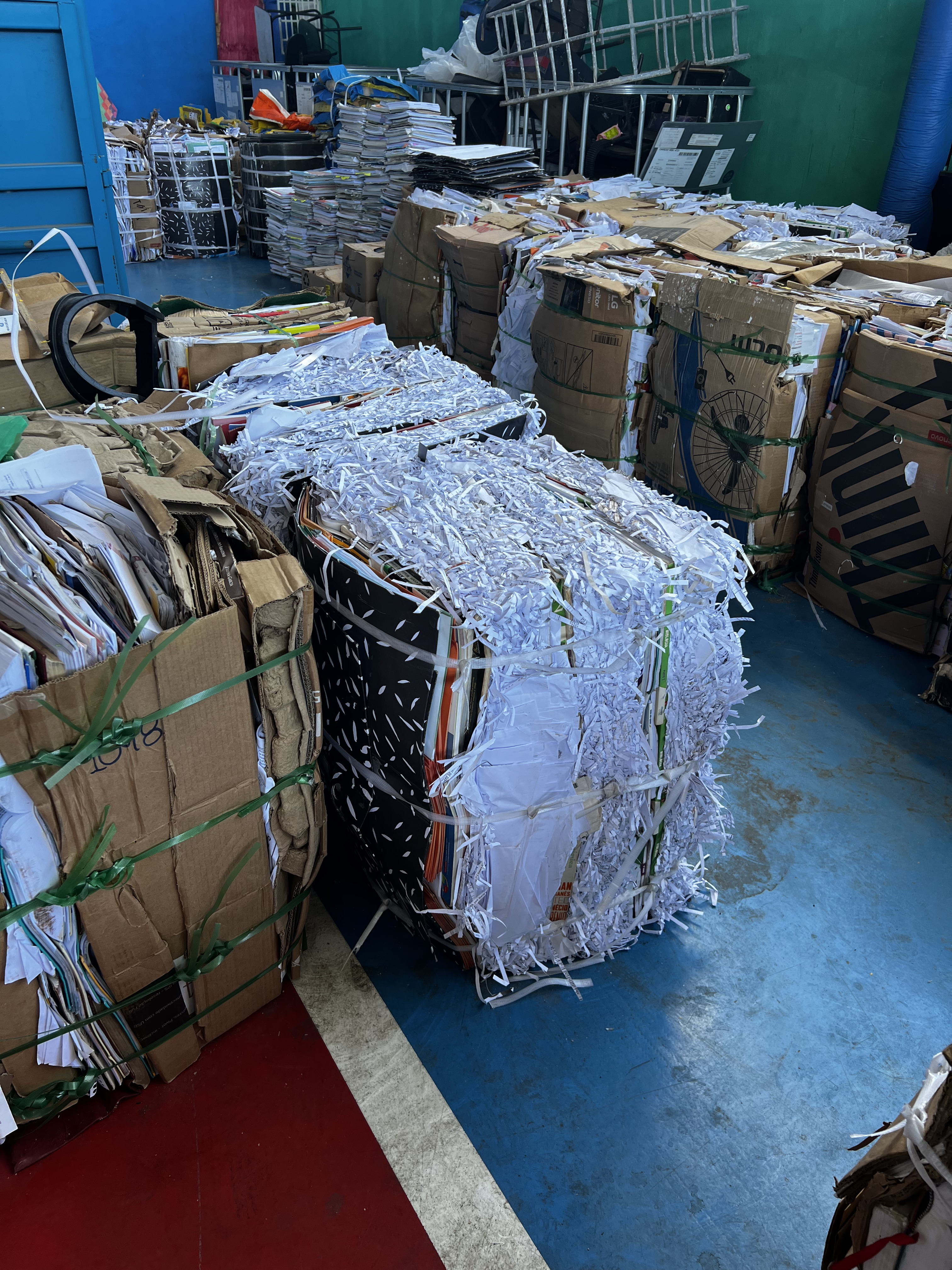 Foto colorida mostra uma vista mais ampla da área de reciclagem, com diversos fardos de papéis, revistas e papelão agrupados. O ambiente tem piso de ginásio e paredes verdes.